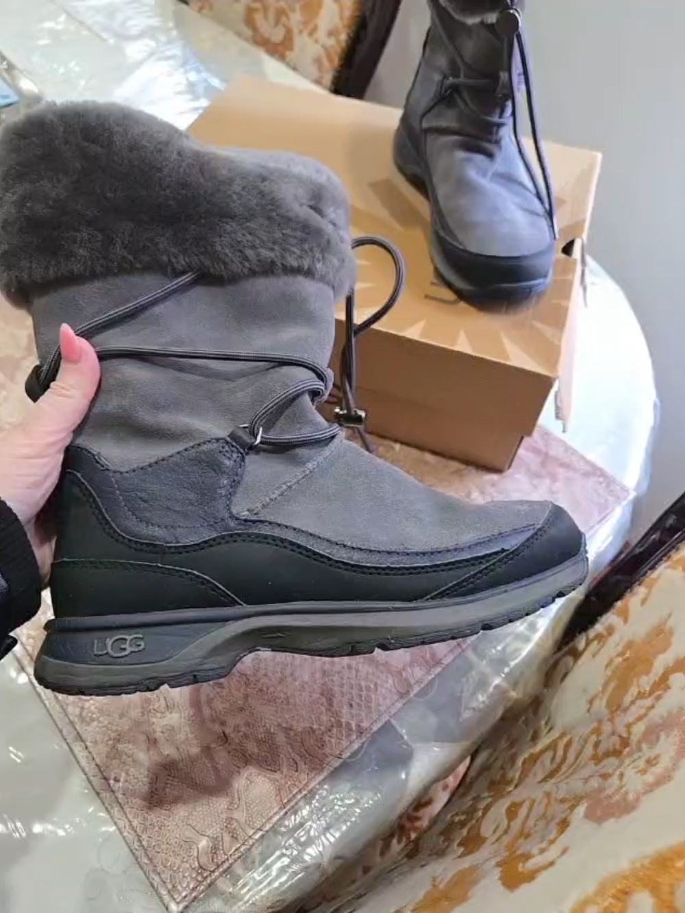 UGG Women's Gray Suede Shearling-Trim Lace-Up Winter Boot Orellen Waterproof